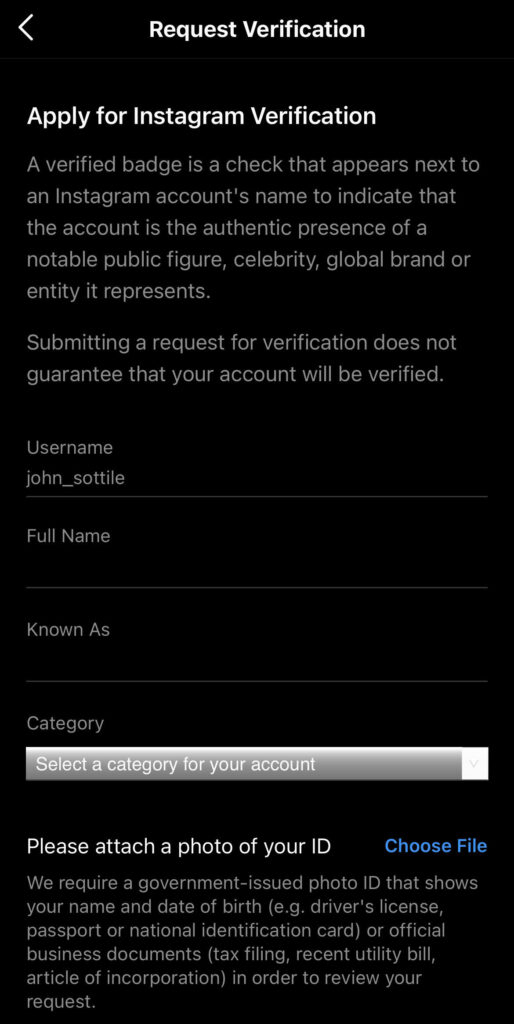 Instagram verification form from the app